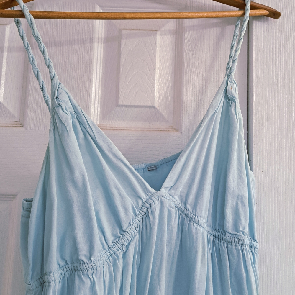 Soft Blue Gauze-y Cotton Maxi Dress With Pockets Fully Lined Rope Straps